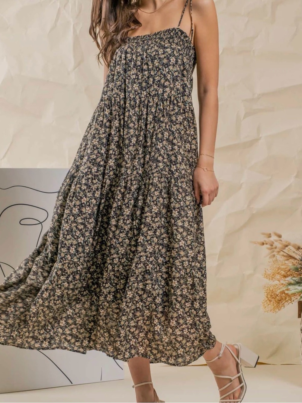 Anthropologie By the River Floral Smocked Midi Dress Black  Beige SZ M EUC